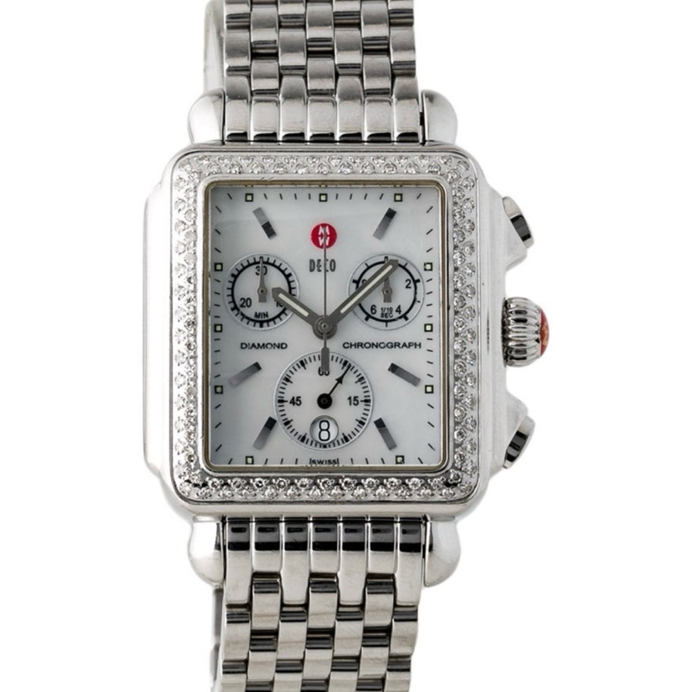 Michele Women's Silver Diamond-Accented Chronograph Watch with White Dial